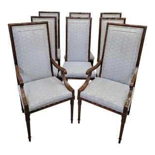Vintage Karges French Neoclassical Style Walnut Dining Chairs With Pale Blue Upholstery - Set of 8 For Sale