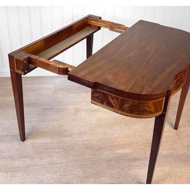 Weiman Antique Hepplewhite Inlaid Mahogany Expanding Half Moon Console Card Table For Sale - Image 4 of 15