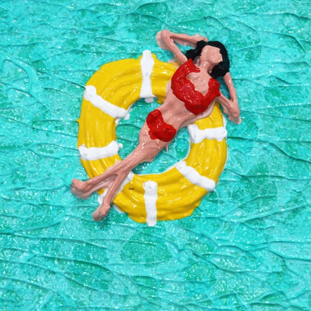 Original Textured Square Painting Swimmers in Water ''Going Nowhere Day 4'' Original Blue Ocean 3-D Acrylic on Canvas Artwork by Elizabeth Langreiter For Sale - Image 4 of 9