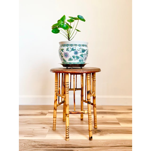 Antique tortoiseshell bamboo side table with woven rush top, English, circa 1800s - Dimensions: approximately 18"H x 14"...