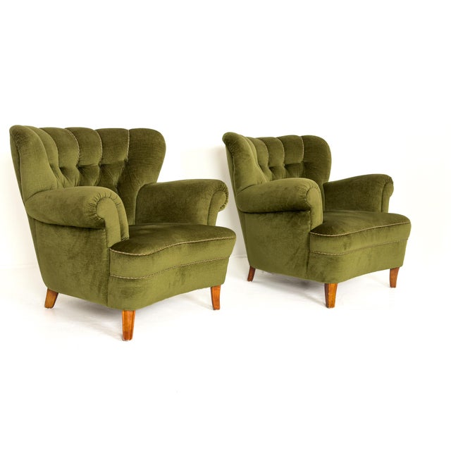 Modern Lounge Chairs in Olive Mohair Velvet, Sweden, 1940, Set of 2 For Sale - Image 6 of 8