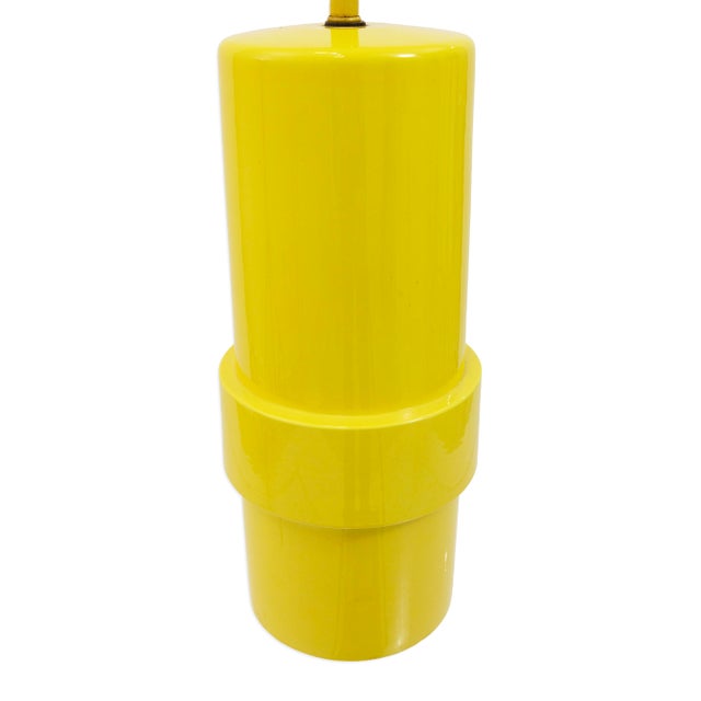 Mid-Century Modern Pair of 1970s Glossy Yellow Cylindrical Ceramic Table Lamps For Sale - Image 3 of 5