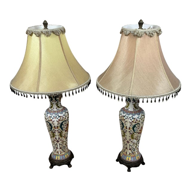 1970s Bombay Table Lamps Porcelain White Floral Oriental Accent Fringe Shades Set of 2 For Sale