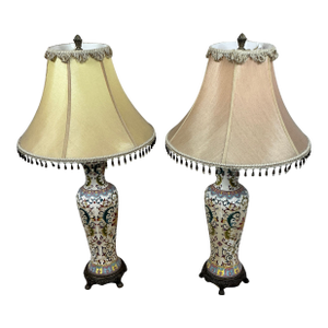 1970s Bombay Table Lamps Porcelain White Floral Oriental Accent Fringe Shades Set of 2