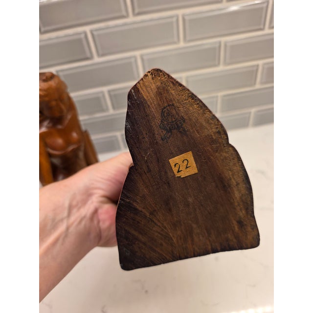 Pair of Mid-Century Balinese Art Deco Mahogany Maiden Bookends – Keradjinan Bali Stamped For Sale - Image 10 of 12