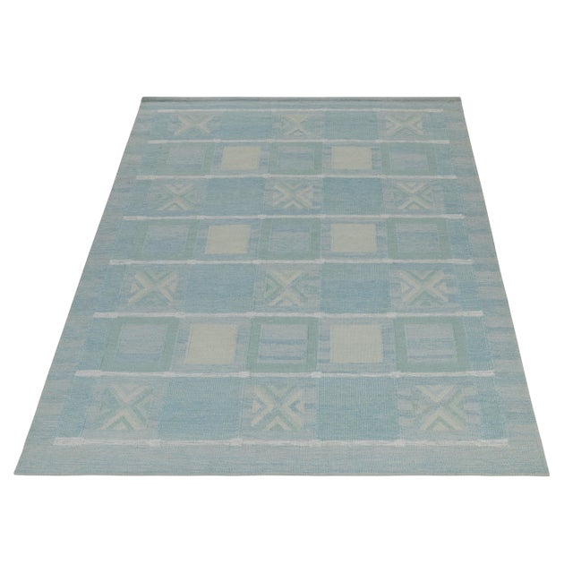 Mid-Century Modern Rug & Kilim’s Scandinavian Style Kilim in Seafoam, Teal & Gray Geometric Pattern - 10x14 For Sale - Image 3 of 7
