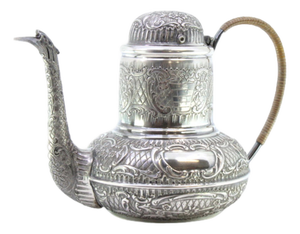 Round Silver Kettle with Reliefs, Monogram Card and Coated Handle
