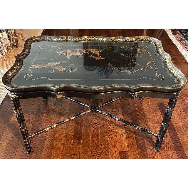 Mid-Century Regency Black and Gold Faux Bamboo Serpentine Coffee Table With Removable Chinoiserie Tr For Sale In New York - Image 6 of 12