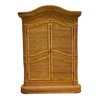 Monumental Vintage Woven Diamond Rattan Armoire For Sale