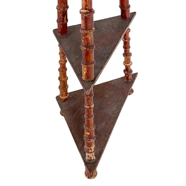 Antique 1920s 27" Tall Folk Art 4-Tier Wooden Spool Triangular Geometric Corner Shelf For Sale - Image 11 of 17