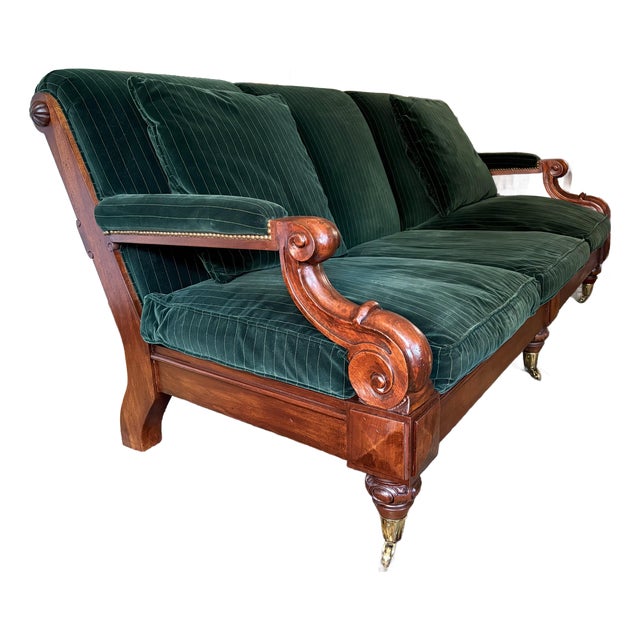 1990s Ralph Lauren American Oversized Velvet Green Upholstered Sofa With Scroll Wood Arms For Sale