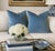 One pair of vintage french blue cotton velvet pillows measuring 21 X 21 inches with down and feather inserts and invisible...