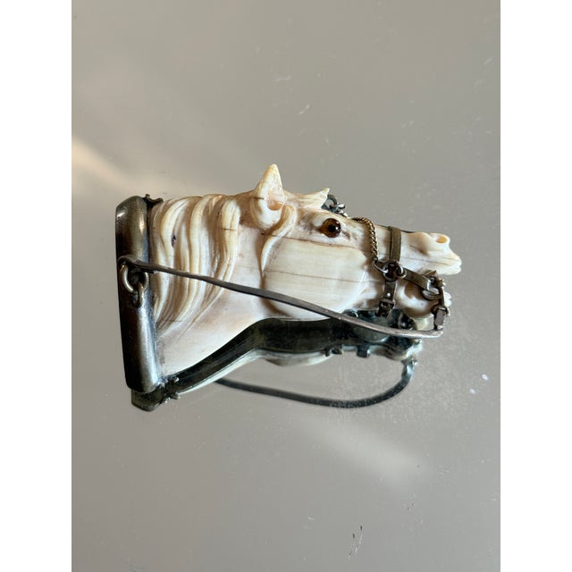 Mid 20th Century Mid 20th-Century Victorian Revival Bone Equestrian Horse Head Brooch With Glass Eye For Sale - Image 5 of 12