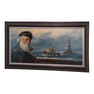 Coastal Original 1979 Vintage Maritime Oil “Old Sea Captain at the Helm” by Otto M. K. Sieberg – Coastal Nautical Seascape, 56″ × 32″ Framed For Sale
