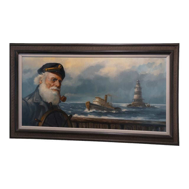 Coastal Original 1979 Vintage Maritime Oil “Old Sea Captain at the Helm” by Otto M. K. Sieberg – Coastal Nautical Seascape, 56″ × 32″ Framed For Sale