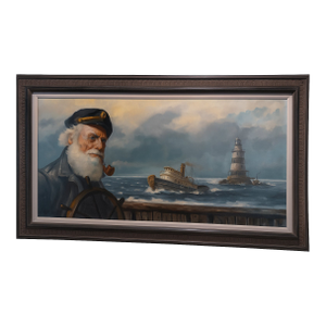 Coastal Original 1979 Vintage Maritime Oil “Old Sea Captain at the Helm” by Otto M. K. Sieberg – Coastal Nautical Seascape, 56″ × 32″ Framed