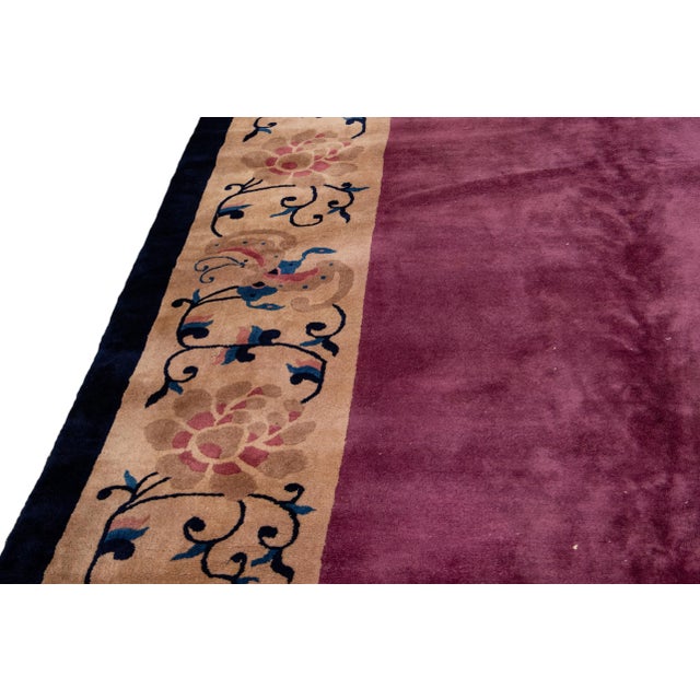 Antique Art Deco Chinese Handmade Floral Purple Wool Rug 11 Ft 11 in X 19 Ft 2 In. For Sale - Image 11 of 12