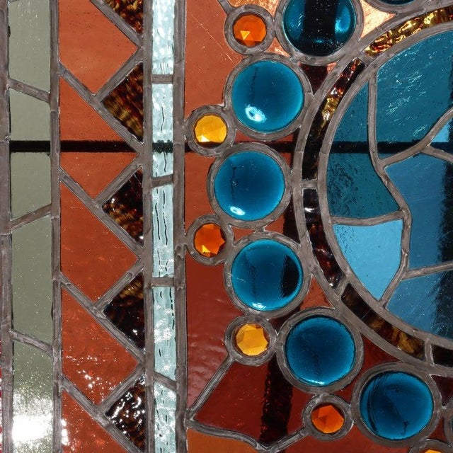 Antique Aesthetic Stained & Jeweled Leaded Glass Window With Stylized Globe For Sale - Image 15 of 16