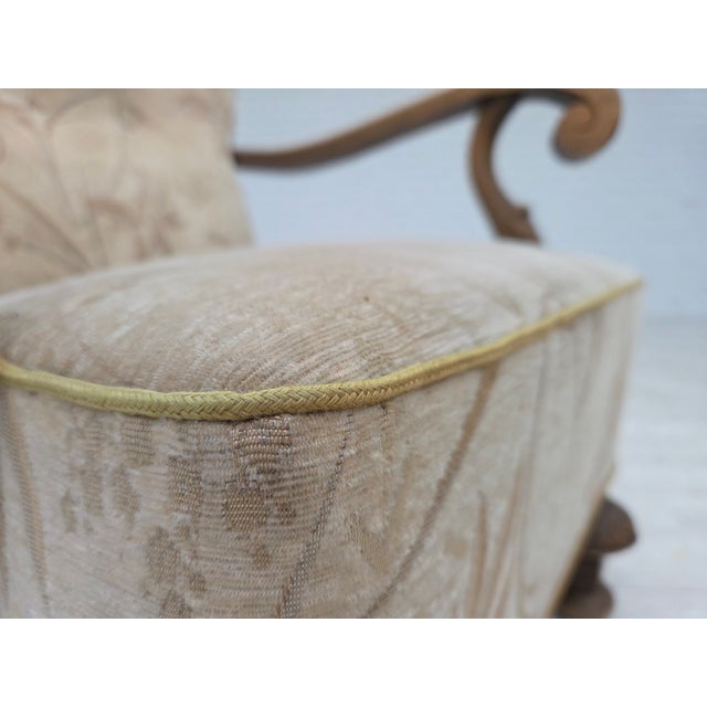 Vintage Danish Lounge Chair in Furniture Fabric and Carved Oak, 1950s For Sale - Image 4 of 18