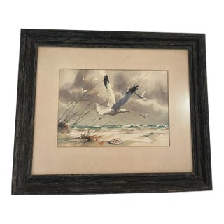 1970s J. Everett Draper Original Coastal Watercolor of Seagulls Over Beach For Sale