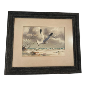 1970s J. Everett Draper Original Coastal Watercolor of Seagulls Over Beach