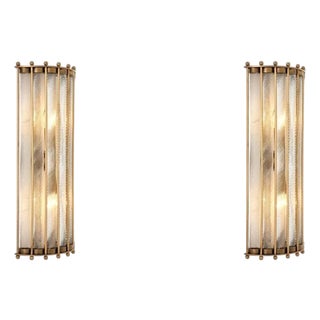 Large Antique Modern Brass & Clear Glass Wall Lamps, Set of 2 For Sale