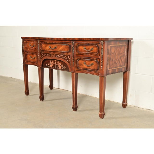 French Maitland Smith Style French Regency Louis XVI Carved Mahogany and Burl Wood Sideboard Credenza For Sale - Image 3 of 14