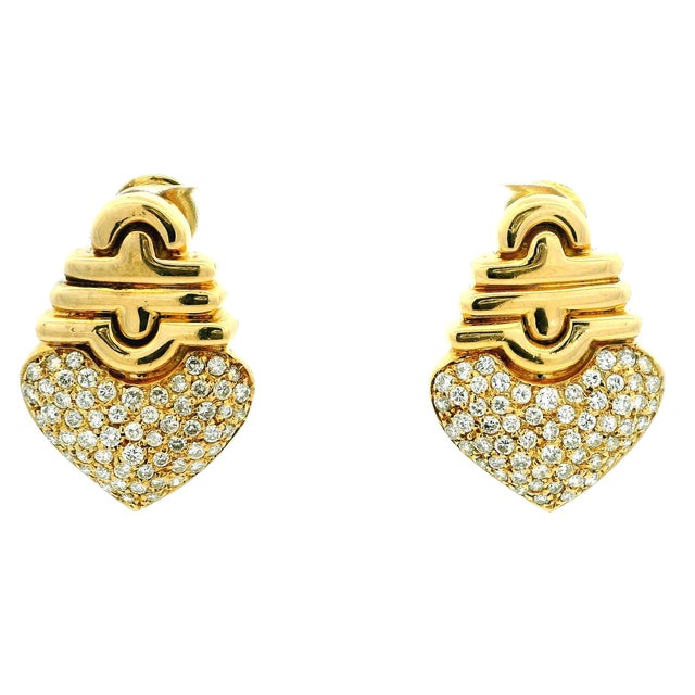 Vintage Italian 18k Gold Diamond Pavé Heart Omega Back Earrings, A Pair For Sale - Image 13 of 16