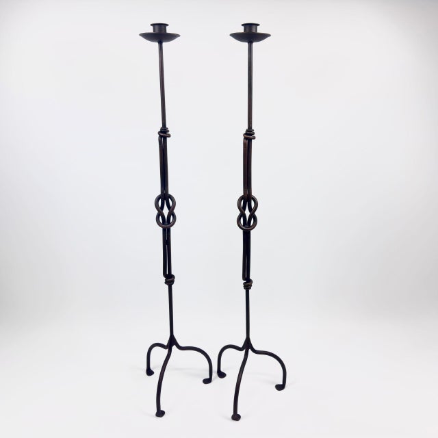 Hand Forged Iron Floor Candelabra (110cm) Hercules Knot Double Stem – Antique Copper or Gold Finish For Sale - Image 6 of 17