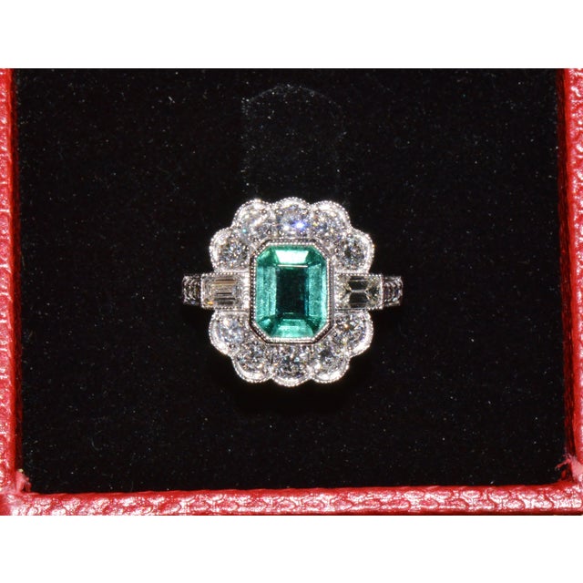 Gia Certified 2.53ct Natural Zambian Emerald & Diamond Halo Milgrain 18k White Gold Ring, Size 5 For Sale - Image 14 of 16