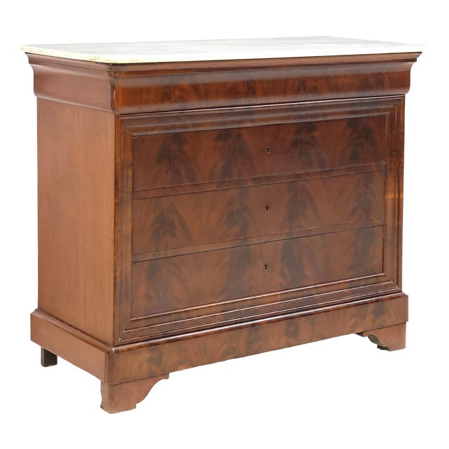 French Louis Philippe Marble Top Mahogany Flame Commode, Mid-19th Century For Sale