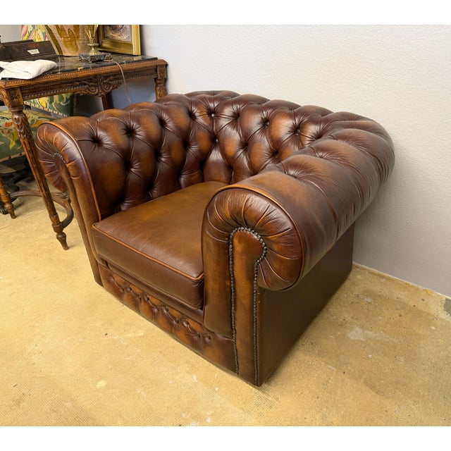 English Chesterfield Brown Leather Club Chair For Sale - Image 9 of 11