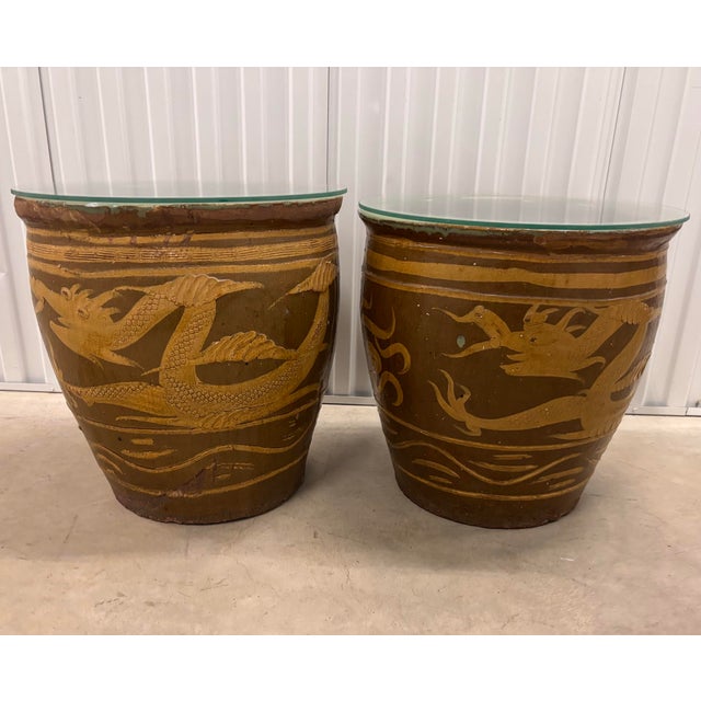Chinoiserie Exceptional Pair Monumental Chinese Dragon Jardinieres Celadon Glaze Chinoiserie Egg Art Pottery Urns With Stand and Glass Top, a Pair For Sale - Image 3 of 12