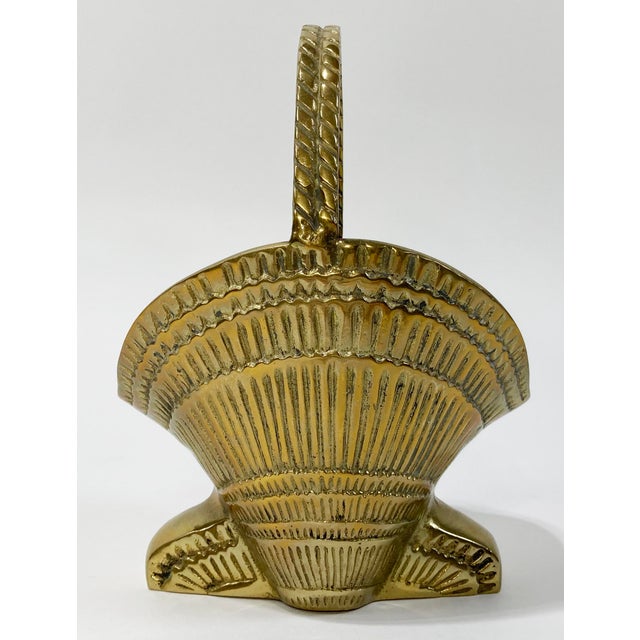 Figurative Vintage Brass Clamshell Basket Planter With Handle For Sale - Image 3 of 9