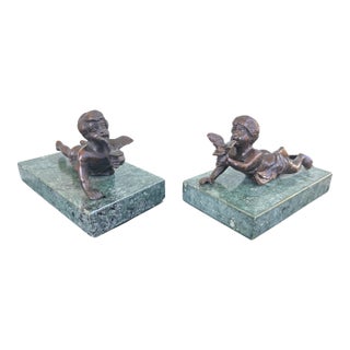 Pair of Bronze Cherub Sculptures on Green Marble Bases, Early 20th Century For Sale