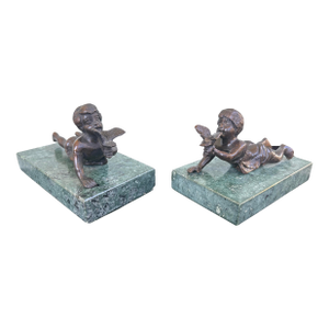 Pair of Bronze Cherub Sculptures on Green Marble Bases, Early 20th Century