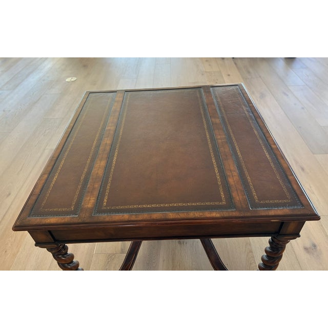 2000 - 2009 John-Richard 39" X 39" X 30"h Eur-03-0108 Leather Top Walnut Game Table (Mah Jongg) and 4 Red Palecek Bamboo Chippendale Style Dining Chairs For Sale - Image 5 of 10