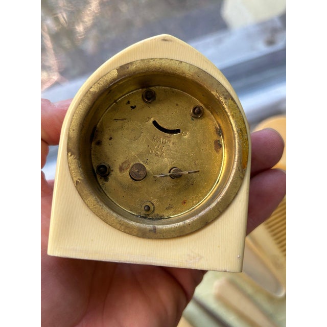 8 Pc Antique French Ivory Celluloid Dresser Set With Clock and More Art Deco 30s For Sale - Image 9 of 9