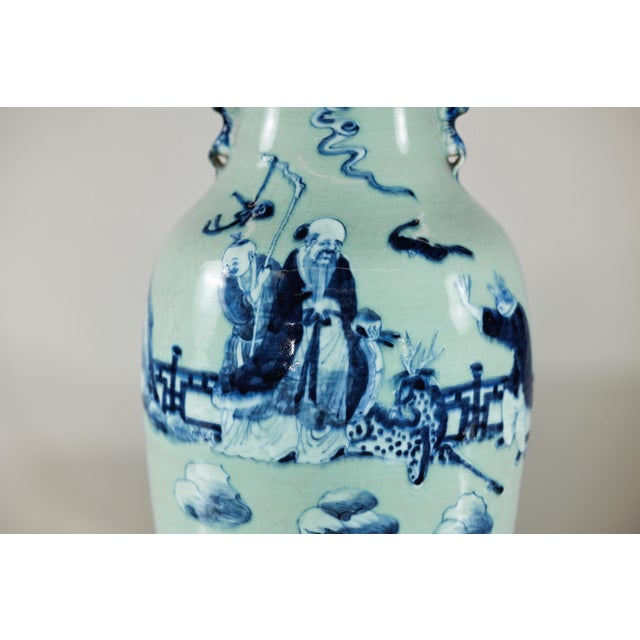 Chinoiserie Chinese Blue and White Porcelain Altar Vase With Immortal Figures and Celadon Tint For Sale - Image 3 of 18