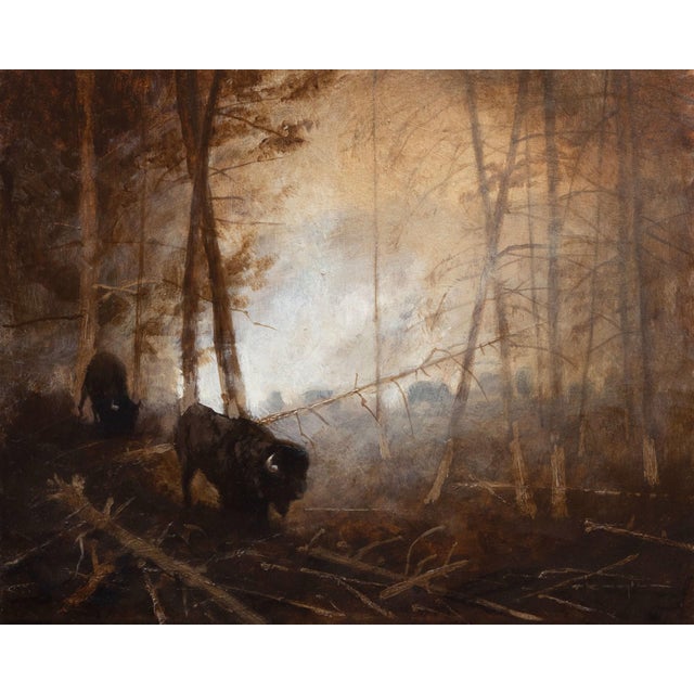 Veiled Guardians, Micah 7:7 by Thomas Kegler | Oil on board Bison in a misty forest setting. For Sale