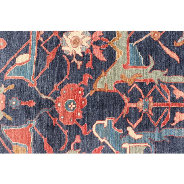 Large Persian Bidjar Rug With Navy Field and Red Border Floral Design For Sale - Image 9 of 16