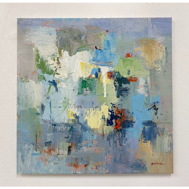 Beautiful contemporary abstract oil painting on canvas - stunning shades of blue and green. Size is 24"x24".