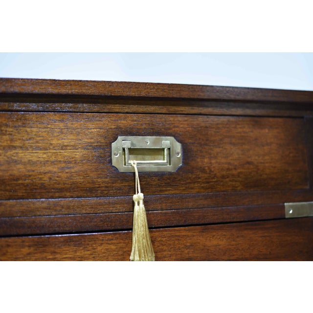 Wood Mid Century English Campaign Mahogany Partner Desk Green Leather Top For Sale - Image 7 of 11