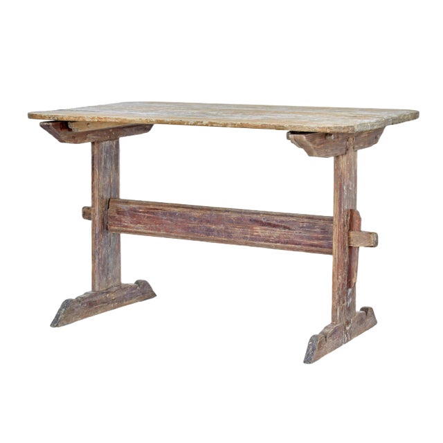 Antique Swedish Rustic Painted Trestle Table For Sale