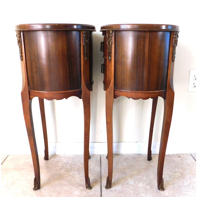 Pair Vintage C1940s French Oval Brass & Wood Side/End Bedside Tables For Sale - Image 11 of 16