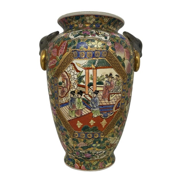 Late 20th Century Late 20th Century Chinese Hand-Painted Porcelain Urn Vases With Bull Head Handles Design - a Pair For Sale - Image 5 of 12