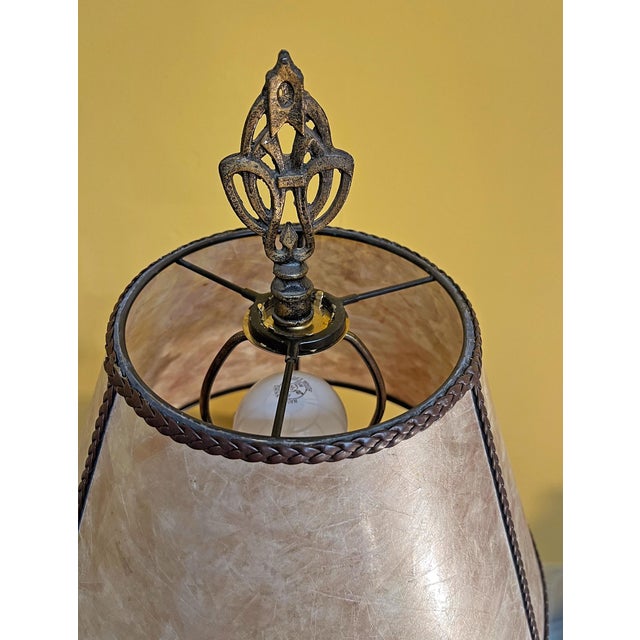 Antique Painted Cast Iron Floral Table Lamp With Mica Shade For Sale - Image 9 of 9
