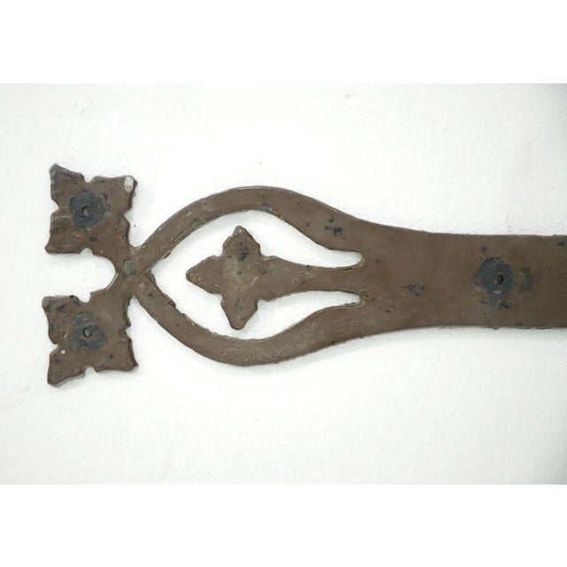 Traditional Set of 3 Antique Floral Hand Hammered Iron Door Strap Hinges For Sale - Image 3 of 8