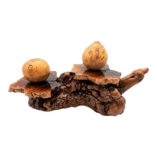 Mid-Century Organic Burl Wood Pedestal Stand & Fine Etched Pyrography Gourds - Set of 3 For Sale