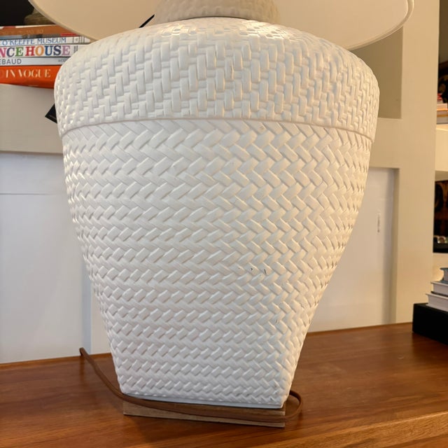 Large Neutral Ralph Lauren Woven Ceramic Table Lamp With Linen Drum Shade For Sale - Image 11 of 16